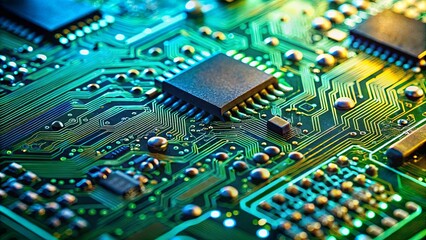 Obraz premium A close-up view of a circuit board, showcasing the intricate network of pathways and components that power the digital world.