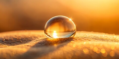 Obraz premium A clear glass orb sits on a textured surface, reflecting the warm glow of the setting sun, creating a captivating spectacle of light and shadow.