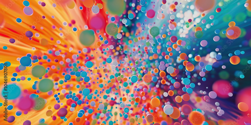 Poster cellular symphony: an abstract representation of cellular activity, featuring colorful dots moving a