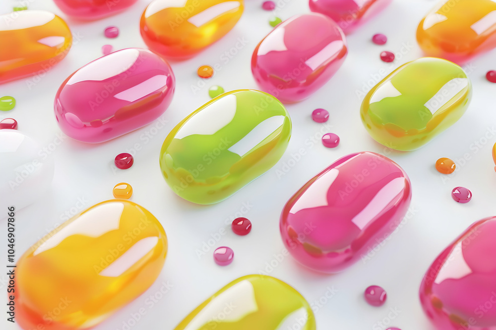 Poster colorful glossy pebbles arranged in a repeating pattern on a white background.