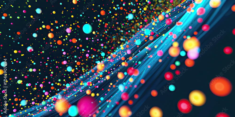 Poster cellular symphony: an abstract representation of cellular activity, featuring colorful dots moving a
