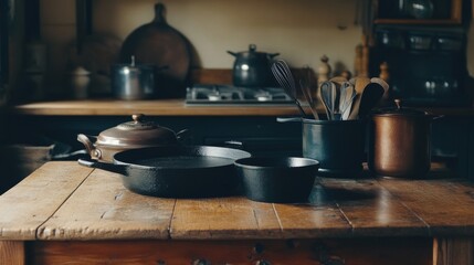 Obraz premium Rustic Kitchen with Cookware and Wooden Table