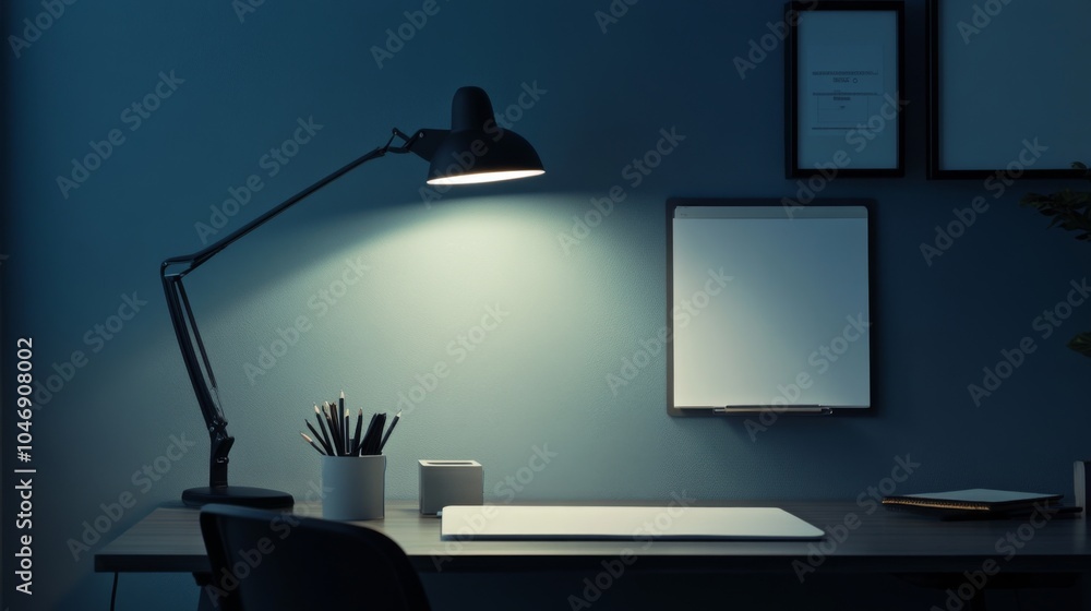 Poster cozy and modern workspace setup with desk and lamp