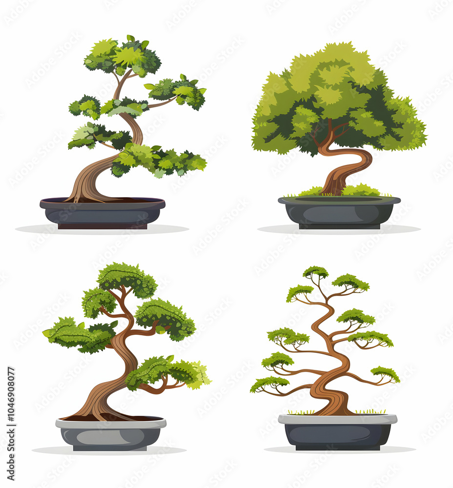 Poster four bonsai trees in pots. the trees are all different shapes and sizes, and have a variety of branc
