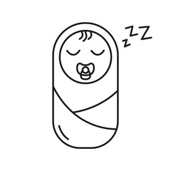 Swaddled Baby with Pacifier Sleeping Line Icon. Newborn Rest and Sleep Outline Symbol. Peaceful Newborn with Pacifier. Bedtime Rest for Baby. Editable Stroke. Isolated Vector Illustration