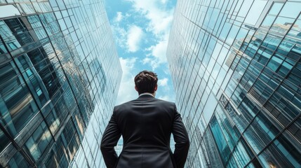 Fototapeta premium A man in a suit stands in front of two tall buildings, looking up at the sky