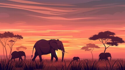 Fototapeta na wymiar Elephants roam through the golden savanna of Africa as the sun sets, painting the sky with breathtaking colors and tranquility. Generative AI