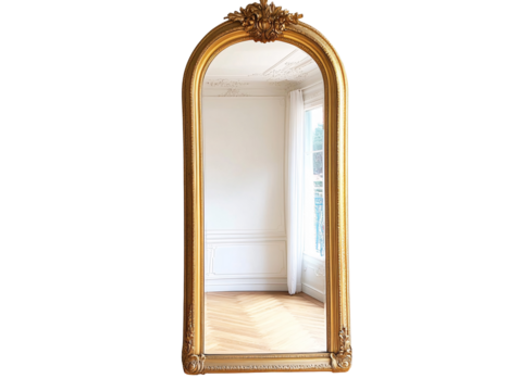 a gold framed mirror in a room