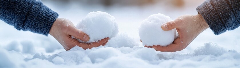 Fototapeta premium Two hands holding snowballs, joyful winter moment, bright snowy background, playful atmosphere.