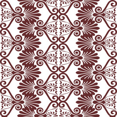 Seamless vintage Greek key pattern in a classic burgundy and white color palette. Intricate, repeating design featuring a traditional Greek key motif with floral accents.