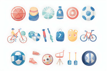 A collection of 21 flat cartoon illustrations depicting summer leisure activities and objects.