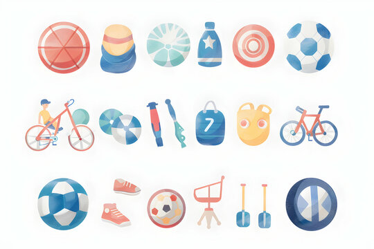 A collection of 21 flat cartoon illustrations depicting summer leisure activities and objects.