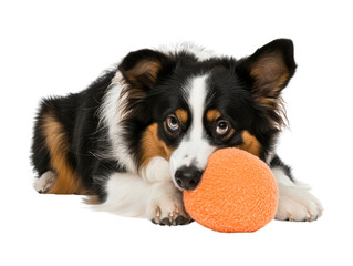 A playful dog resting with an orange ball, showcasing its fluffy coat and expressive eyes against a black background.