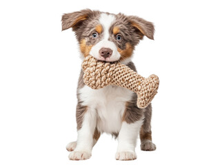 A playful puppy holds a soft toy bone in its mouth, showcasing its charming expression and furry coat against a black background.