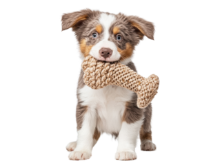 A playful puppy holds a soft toy bone in its mouth, showcasing its charming expression and furry coat against a black background.