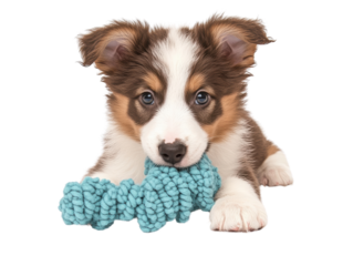 A playful puppy with a brown and white coat poses with a turquoise toy against a black background.