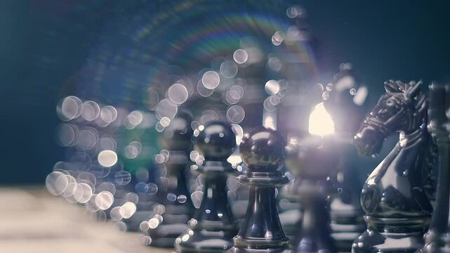 Lacquered chess pieces sparkle in the ray of light and the light source creates a beautiful rainbow flare. Closeup. Shot in motion