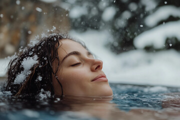Fototapeta premium Generative AI woman relaxes in snowy winter resort hot spring