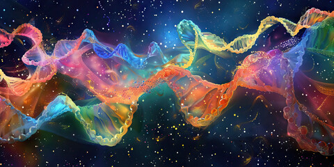 Obraz premium Celestial DNA: An ethereal image of delicately painted strands of DNA, their colors mimicking those of the night sky, giving them a cosmic, otherworldly feel.