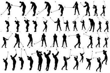 collection of silhouettes of  male character play golf with different angle