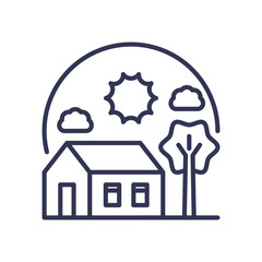 Minimalist house with tree and sun, symbolizing sustainable living.