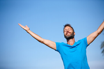 Nature, hands up or man breathing for meditation, freedom or holistic health with calm soul....