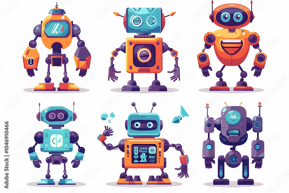 Poster set of 6 cartoon robots in various poses and designs.
