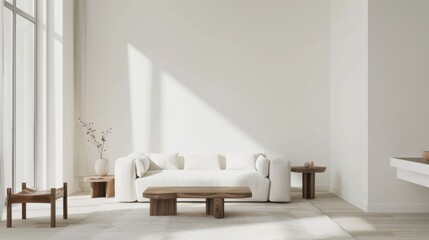 A contemporary minimalist living space featuring a pristine white canvas backdrop, Showcasing minimalist furniture arrangements for a clean aesthetic