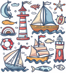 A colorful illustration of nautical elements including a lighthouse, sailboat, fish, and a life preserver.