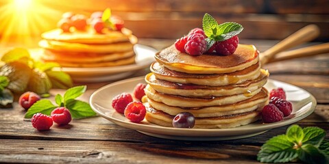 Golden Brown Pancakes Drizzled with Sweet Syrup, Topped with Fresh Raspberries and Mint on a Rustic Wooden Surface