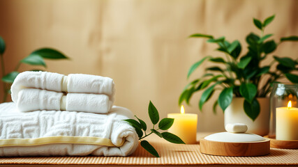 A background showing a peaceful spa environment with green plants, candles, and soft towels, set against a neutral beige backdrop to evoke relaxation and self-care.