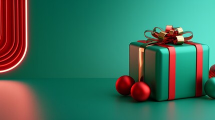 3D Festive Gift Box with Ribbon and Ornaments. Christmas Theme.