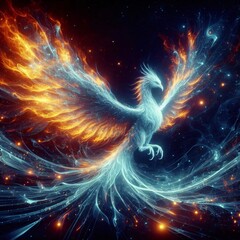 A fiery bird with glowing, flame-like feathers, set against a solid black background, creating a striking contrast of heat and darkness.