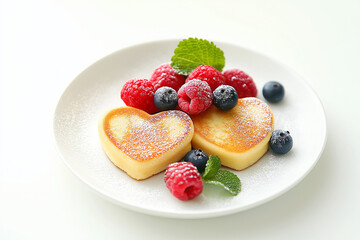 Pancakes in heart shape with blueberries , raspberries and mint leaves on white plate. Valentine's Day breakfast