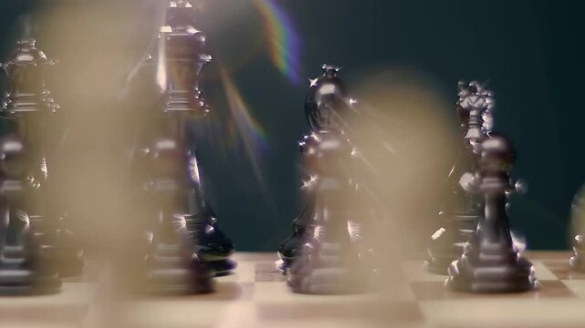 Lacquered chess pieces sparkle in the ray of light and the light source creates a beautiful rainbow flare. Closeup. Shot in motion