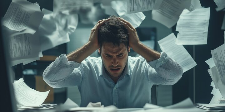 A man is sitting at a desk with papers flying everywhere. He is looking at the papers and he is in a state of panic. The scene suggests that the man is overwhelmed by the amount of work he has to do
