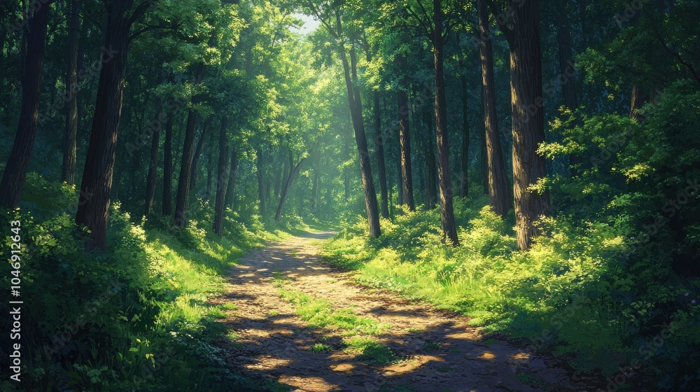 Poster forest path with dappled sunlight