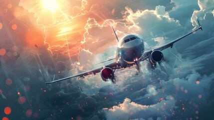 Fototapeta premium A passenger plane flying through the scary clouds at the day time on cloudy sky background 