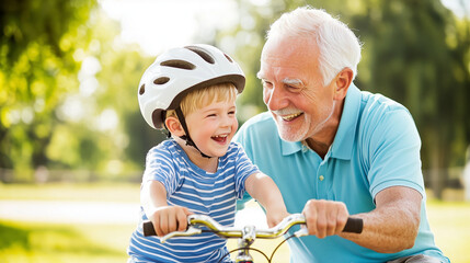 Grandfather Teaches Grandson to Ride a Bike in the Park