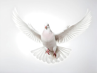 White pigeon dove front side with wings are fully extended visible feather structure detail isolated on white background, symbol a sense of movement and freedom
