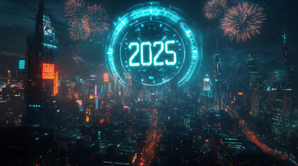 New year 2025 holiday celebration with fireworks in futuristic city