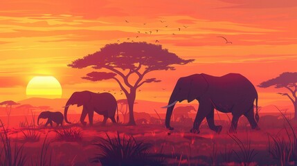 Obraz premium As the sun sets over the African savanna, a family of elephants walks gracefully, silhouetted against the colorful sky. Generative AI