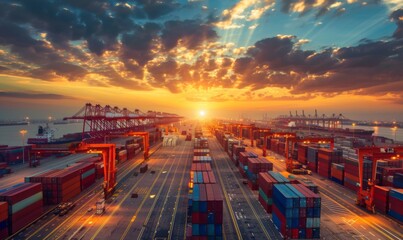Obraz premium Container ships at a seaport in China. International logistics, export and import of goods, containers and commercial business