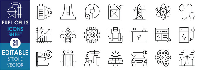 A set of line icons related to Fuel Cells. Fuel, hydrogen, cell, battery, eco, efficient, green, chemical reaction, solar, nuclear, and so on. Vector editable stroke.