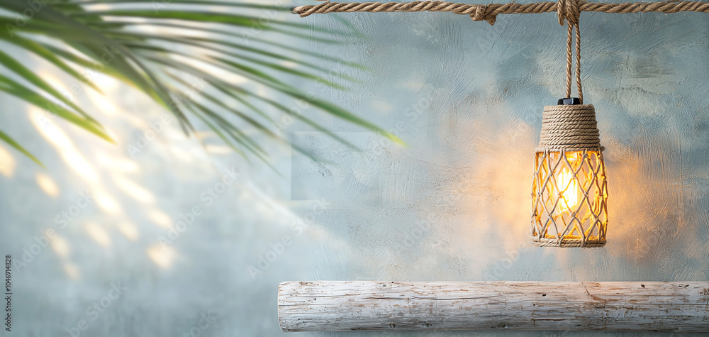 Poster bohemian-style lamp with macrame shade illuminating a cozy space with natural textures and warm glow