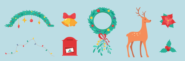 Christmas house door decor set. Traditional Xmas outdoors winter home decoration with wreath, garland, deer. Flat vector illustration isolated on blue background.