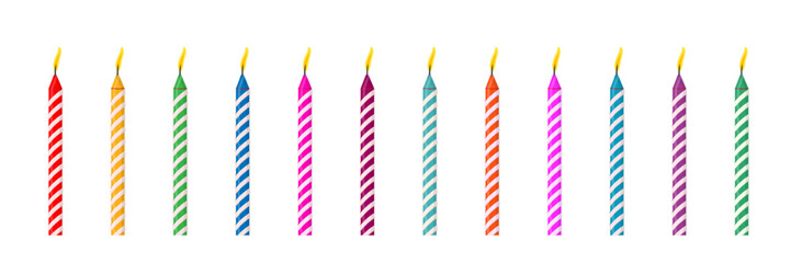 Birthday candles for cake. Isolated candles lights of different colors for anniversary cakes or cupcakes for happy celebration isolated on transparent background. Cartoon vector illustration set.