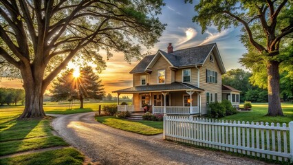 Golden Hour Illumination on a Country Lane Leading to a Picturesque House with a White Picket Fence