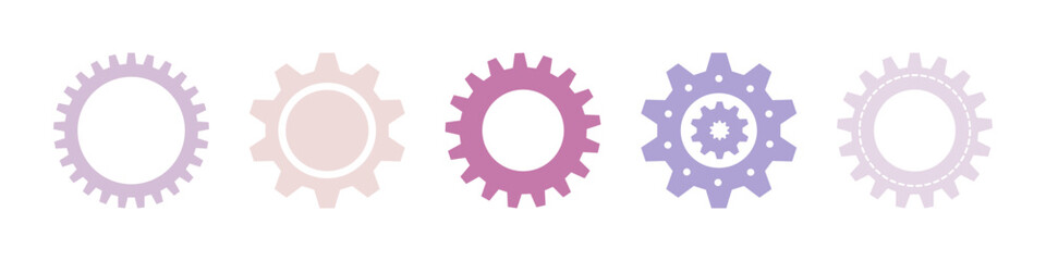 Gear wheel abstract vector set. Collection of different pastel cogwheels isolated on transparent background. Doodle style gear mechanism. New business idea, teamwork, progress, technology concept.