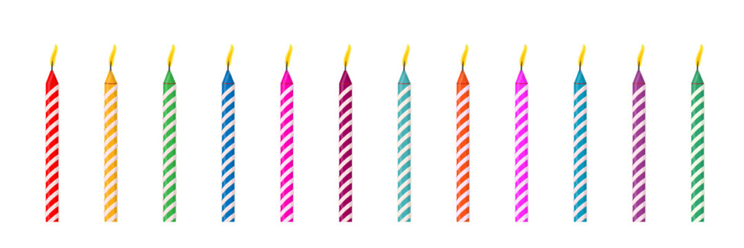Birthday candles for cake. Isolated candles lights of different colors for anniversary cakes or cupcakes for happy celebration isolated on transparent background. Cartoon vector illustration set.